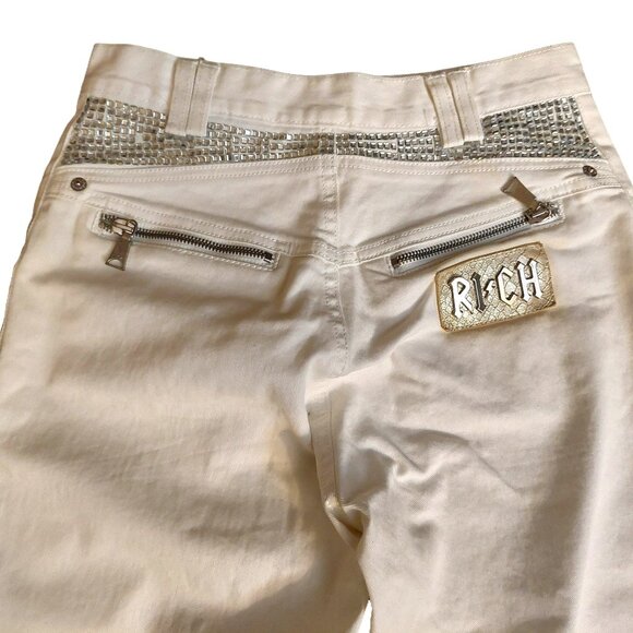 John Richmond RICH Rhinestone Studded Wide Leg White Denim Jeans Sz 42 - Picture 10 of 16